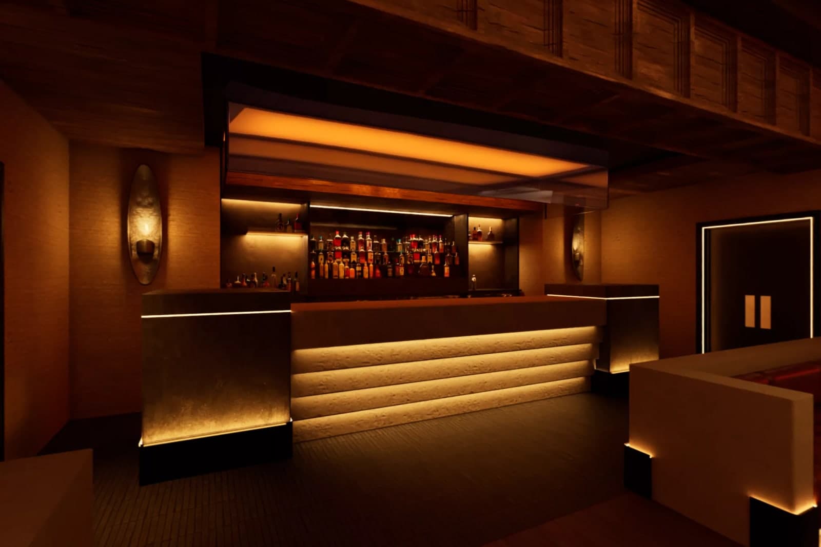 99 Regent Street: the bar in the upstairs main room, lit from below, with backlit shelves