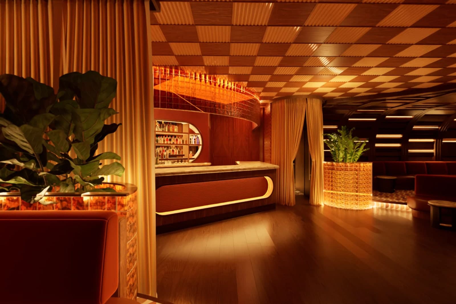 99 Regent Street: the downstairs room, the house floor, with its own bar, curtains and velvet banquettes