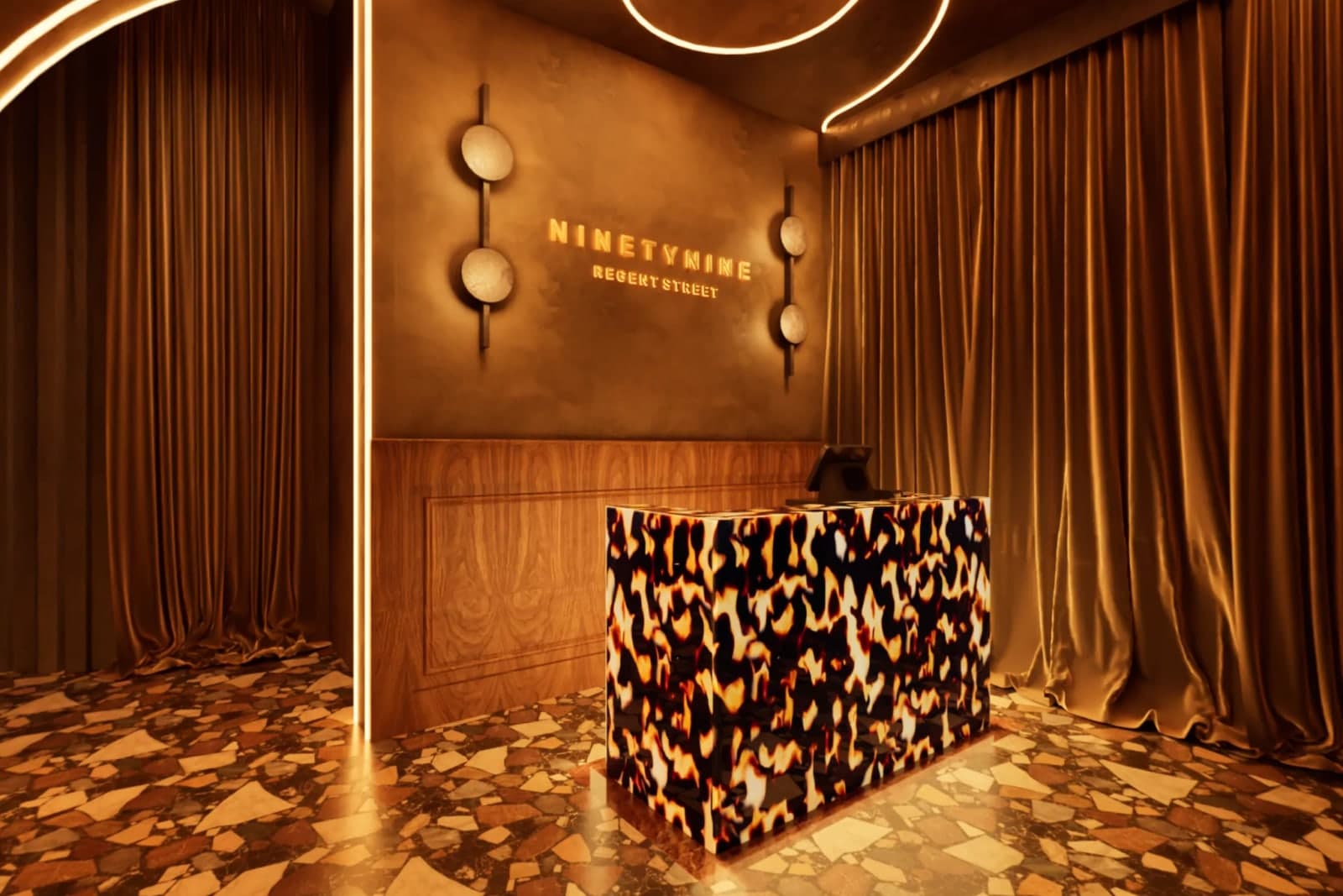 99 Regent Street (formerly Cuckoo Club): the reception at the Swallow Street entrance, under the NinetyNine Regent Street sign