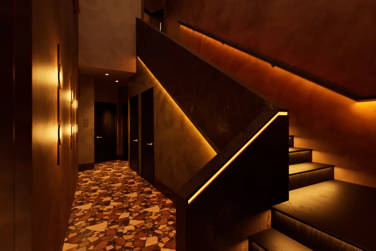 99 Regent Street: the staircase between the two floors, with a lit handrail beside a terrazzo corridor
